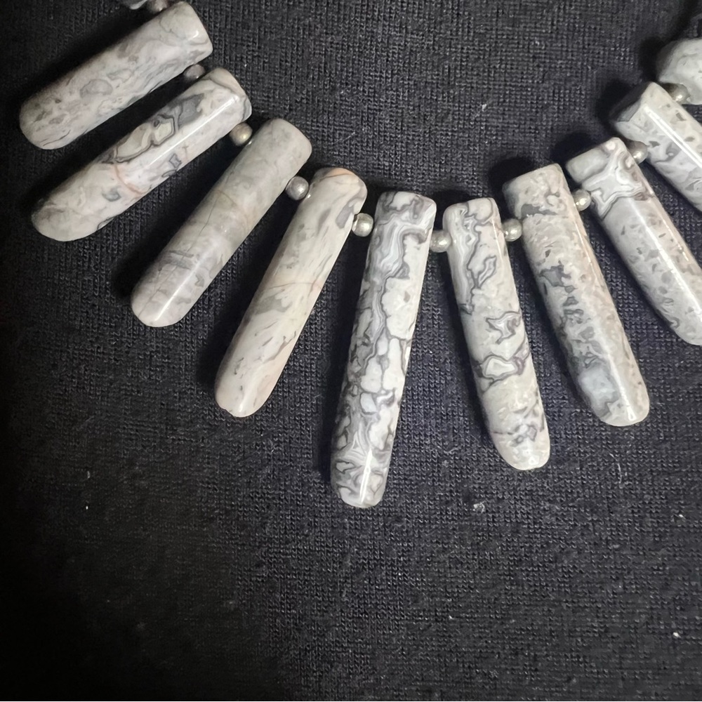 Gray Marble-Like -Silver Tone Statement Necklace